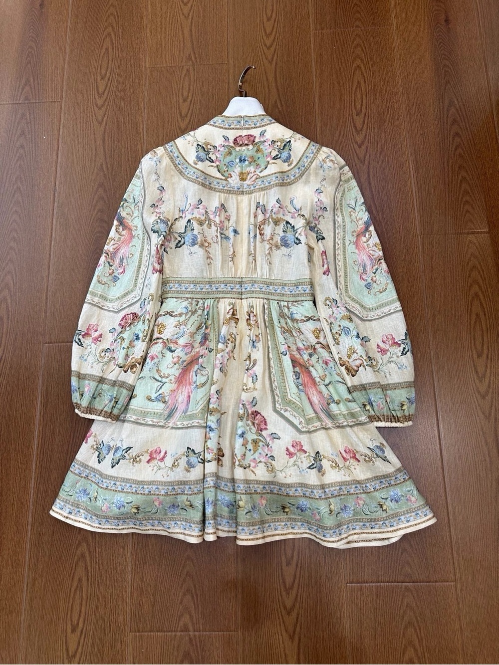 Zimmermann Cream Mini Dress with Sage Panels and Pink Floral Motif - Picture 2 of 4